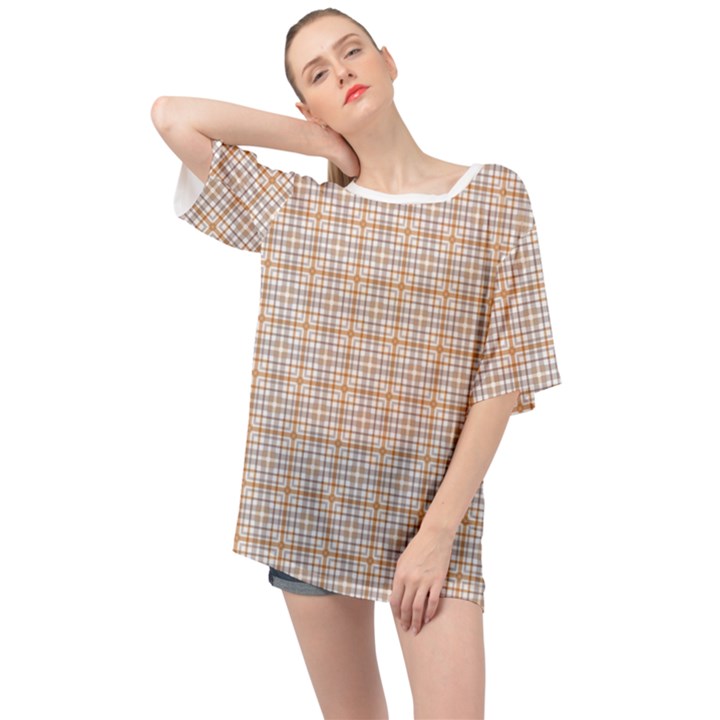 Portuguese Vibes - Brown and white geometric plaids Oversized Chiffon Top