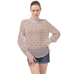 Portuguese Vibes - Brown and white geometric plaids High Neck Long Sleeve Chiffon Top