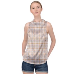 Portuguese Vibes - Brown And White Geometric Plaids High Neck Satin Top