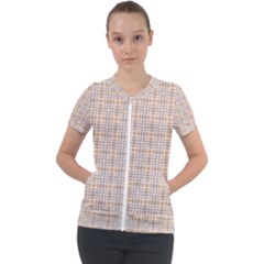 Portuguese Vibes - Brown and white geometric plaids Short Sleeve Zip Up Jacket