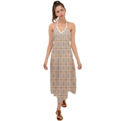 Portuguese Vibes - Brown and white geometric plaids Halter Tie Back Dress 