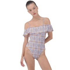 Portuguese Vibes - Brown and white geometric plaids Frill Detail One Piece Swimsuit