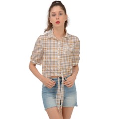 Portuguese Vibes - Brown and white geometric plaids Tie Front Shirt 