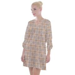 Portuguese Vibes - Brown and white geometric plaids Open Neck Shift Dress