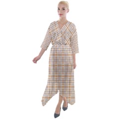 Portuguese Vibes - Brown and white geometric plaids Quarter Sleeve Wrap Front Maxi Dress