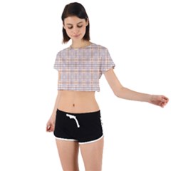 Portuguese Vibes - Brown and white geometric plaids Tie Back Short Sleeve Crop Tee