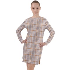 Portuguese Vibes - Brown and white geometric plaids Long Sleeve Hoodie Dress