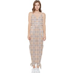 Portuguese Vibes - Brown and white geometric plaids Sleeveless Tie Ankle Chiffon Jumpsuit