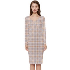 Portuguese Vibes - Brown and white geometric plaids Long Sleeve V-Neck Bodycon Dress 
