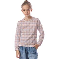 Portuguese Vibes - Brown and white geometric plaids Kids  Long Sleeve Tee with Frill 