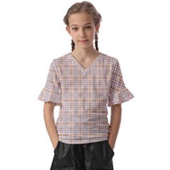 Portuguese Vibes - Brown and white geometric plaids Kids  V-Neck Horn Sleeve Blouse