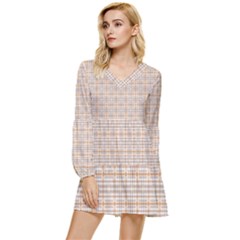 Portuguese Vibes - Brown and white geometric plaids Tiered Long Sleeve Mini Dress