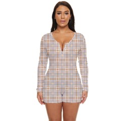 Portuguese Vibes - Brown and white geometric plaids Long Sleeve Boyleg Swimsuit