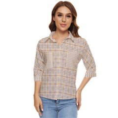 Portuguese Vibes - Brown and white geometric plaids Women s Quarter Sleeve Pocket Shirt