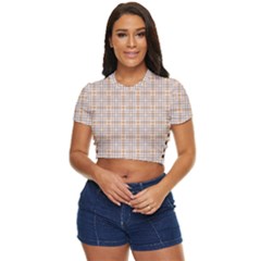 Portuguese Vibes - Brown and white geometric plaids Side Button Cropped Tee