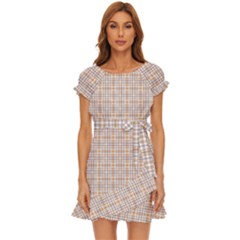Portuguese Vibes - Brown and white geometric plaids Puff Sleeve Frill Dress