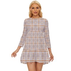 Portuguese Vibes - Brown and white geometric plaids Long Sleeve Babydoll Dress