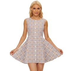 Portuguese Vibes - Brown and white geometric plaids Sleeveless Button Up Dress
