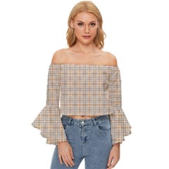 Portuguese Vibes - Brown and white geometric plaids Off Shoulder Flutter Bell Sleeve Top