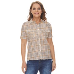 Portuguese Vibes - Brown and white geometric plaids Women s Short Sleeve Double Pocket Shirt