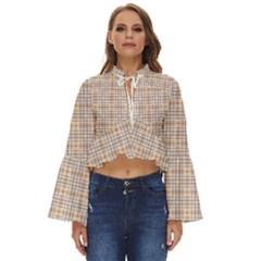 Portuguese Vibes - Brown and white geometric plaids Boho Long Bell Sleeve Top
