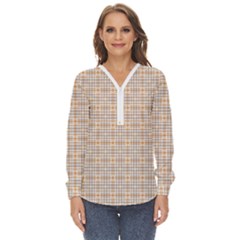 Portuguese Vibes - Brown and white geometric plaids Zip Up Long Sleeve Blouse