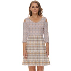 Portuguese Vibes - Brown and white geometric plaids Shoulder Cut Out Zip Up Dress