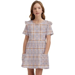 Portuguese Vibes - Brown and white geometric plaids Kids  Frilly Sleeves Pocket Dress