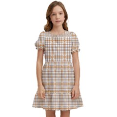 Portuguese Vibes - Brown and white geometric plaids Kids  Puff Sleeved Dress
