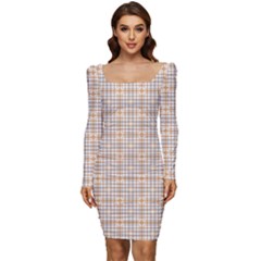 Portuguese Vibes - Brown and white geometric plaids Women Long Sleeve Ruched Stretch Jersey Dress