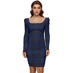 Black And Dark Blue Plaids Women Long Sleeve Ruched Stretch Jersey Dress by ConteMonfrey