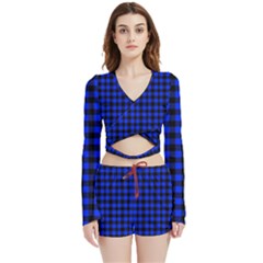 Black And Bic Blue Plaids Velvet Wrap Crop Top And Shorts Set by ConteMonfrey