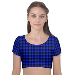 Black And Bic Blue Plaids Velvet Short Sleeve Crop Top  by ConteMonfrey