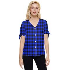 Black And Bic Blue Plaids Bow Sleeve Button Up Top by ConteMonfrey