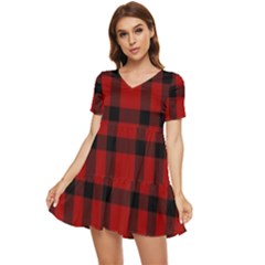 Red And Black Plaids Tiered Short Sleeve Babydoll Dress by ConteMonfrey