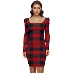 Red And Black Plaids Women Long Sleeve Ruched Stretch Jersey Dress