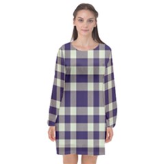 Dark Blue Plaid Long Sleeve Chiffon Shift Dress  by ConteMonfrey