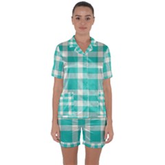 Turquoise Small Plaids  Satin Short Sleeve Pajamas Set by ConteMonfrey