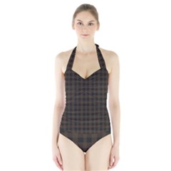 Brown and black small plaids Halter Swimsuit