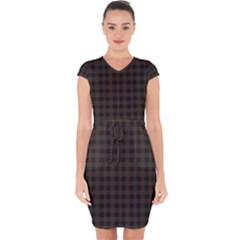 Brown and black small plaids Capsleeve Drawstring Dress 