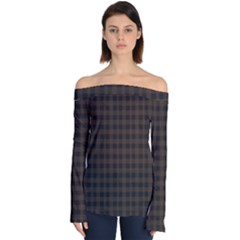 Brown and black small plaids Off Shoulder Long Sleeve Top