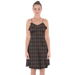 Brown and black small plaids Ruffle Detail Chiffon Dress