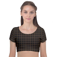 Brown and black small plaids Velvet Short Sleeve Crop Top 