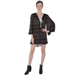 Brown and black small plaids V-Neck Flare Sleeve Mini Dress