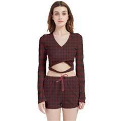 Black Red Small Plaids Velvet Wrap Crop Top And Shorts Set by ConteMonfrey