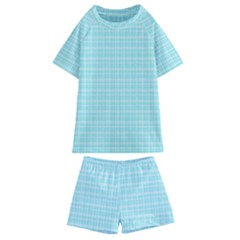 Turquoise Small Plaids Lines Kids  Swim Tee And Shorts Set by ConteMonfrey