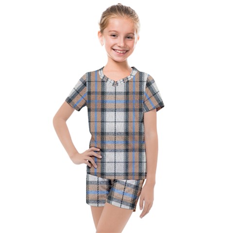 Cute Blue Grey White Plaids Kids  Mesh Tee And Shorts Set by ConteMonfrey