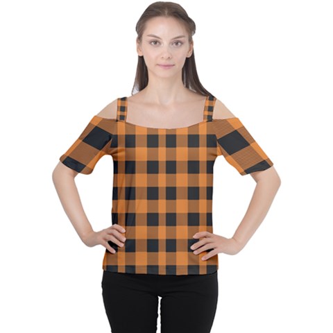 Orange Black Halloween Inspired Plaids Cutout Shoulder Tee by ConteMonfrey