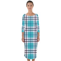 Black, white and blue turquoise plaids Quarter Sleeve Midi Bodycon Dress