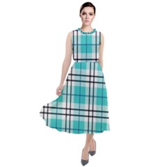 Black, white and blue turquoise plaids Round Neck Boho Dress